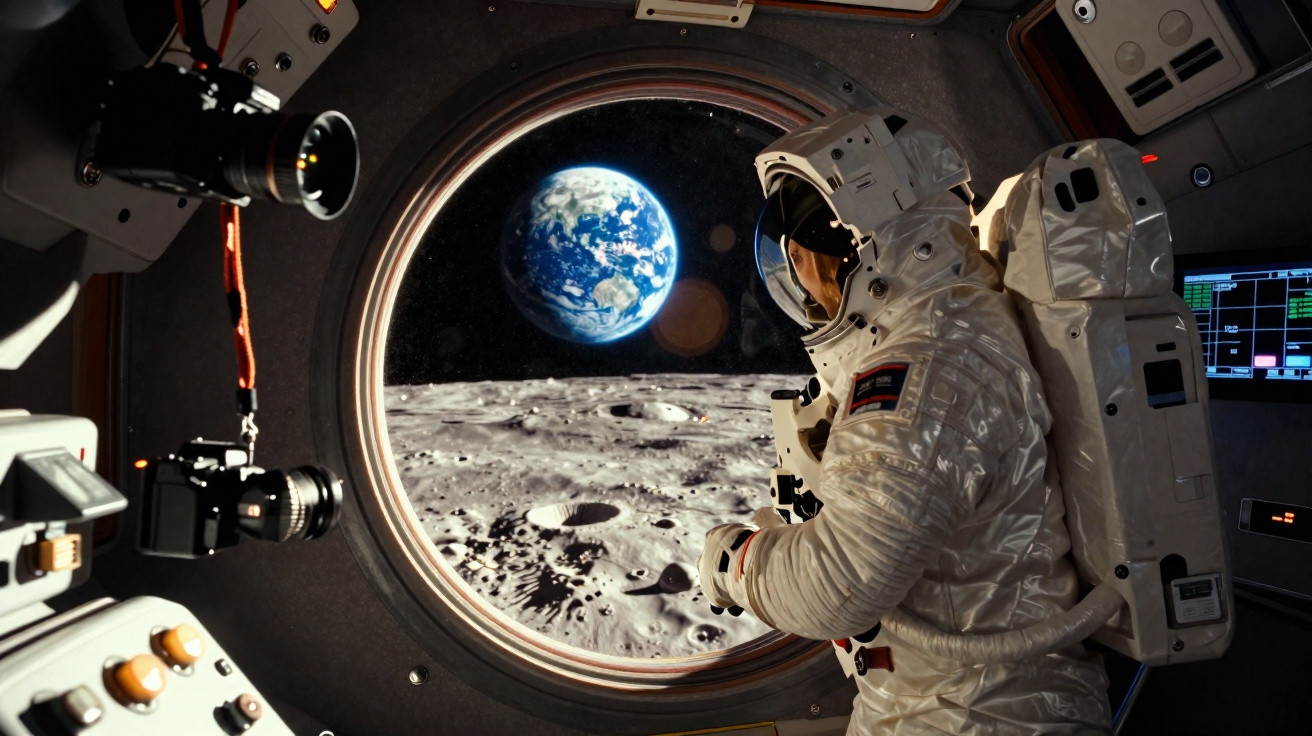 Astronaut inside spacecraft looking through round window at the moon's surface and Earth in space.