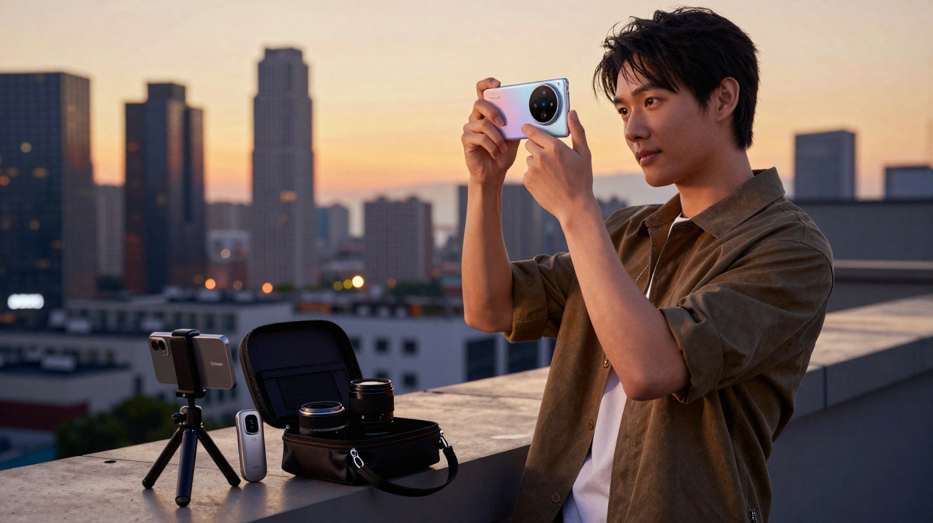 Young man photographing sunset on rooftop with camera gear and city skyline in background