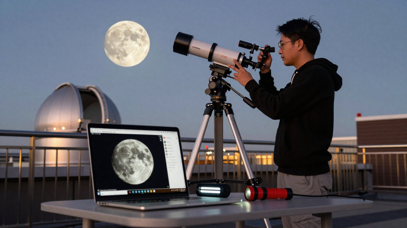 Person using a telescope on a rooftop at dusk with a laptop showing a close-up moon image.
