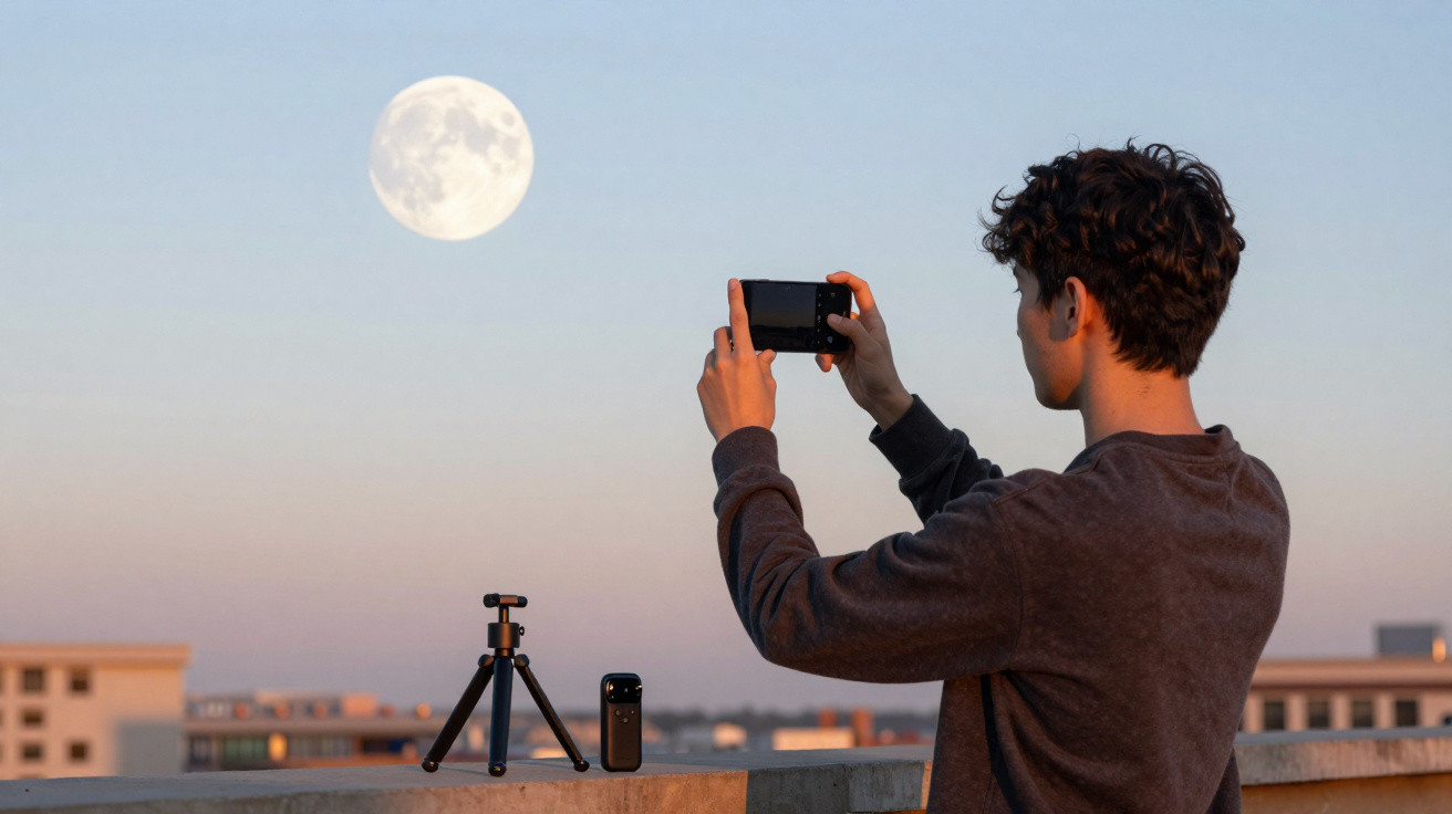 Young man photographing a full moon with a smartphone on a rooftop at dusk.