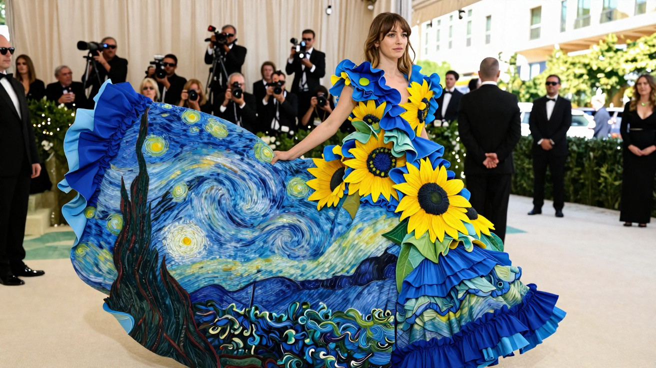 Woman in a vibrant dress with Van Gogh's Starry Night and large sunflowers, posing on a beige carpet event.