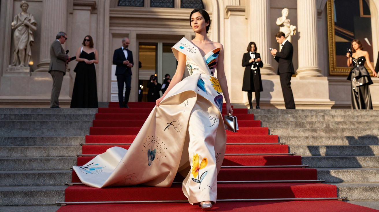 Woman in a colourful, floral-patterned gown descending red-carpeted steps at an elegant event with onlookers in the backgroun