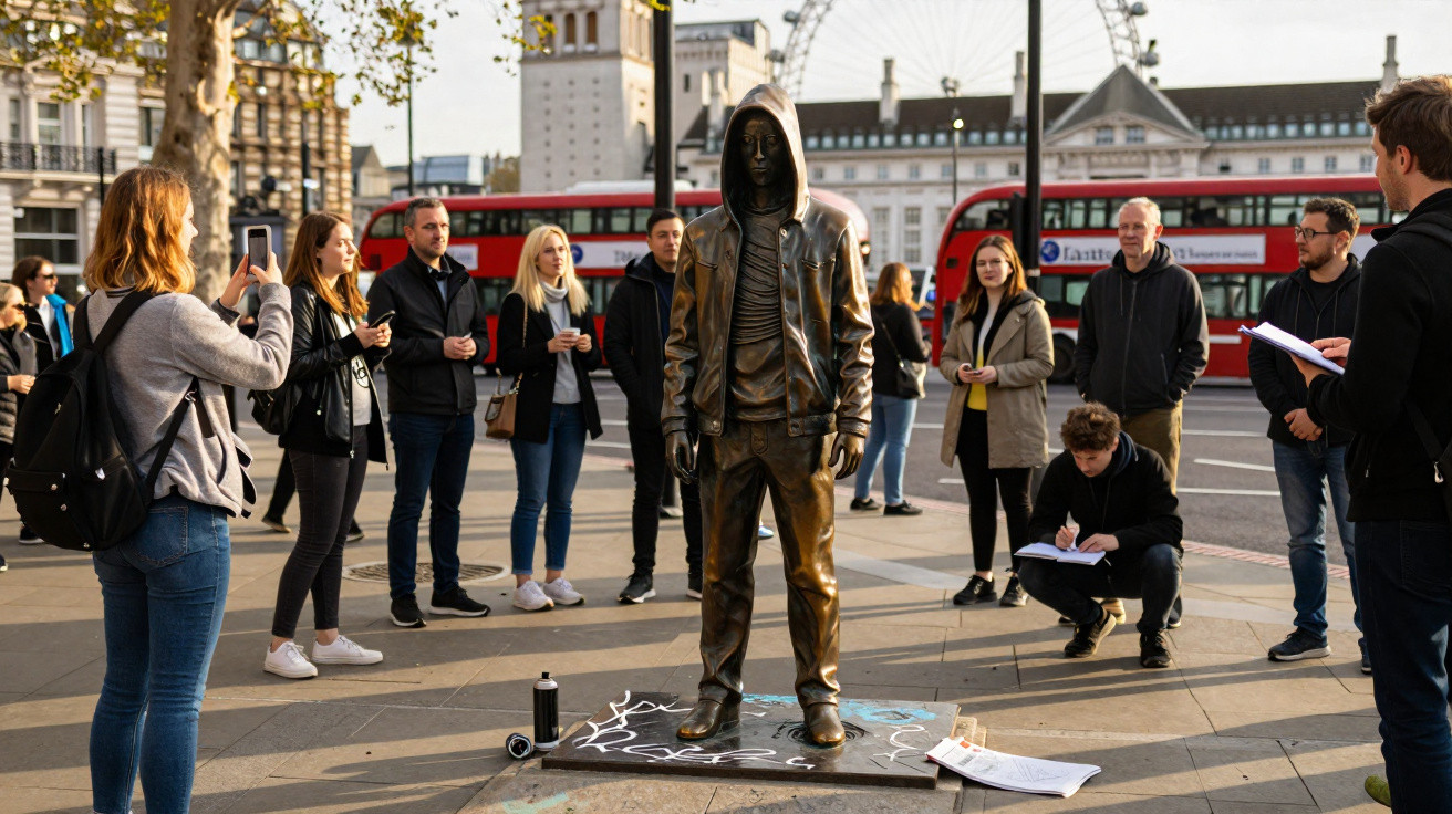 People gathered around a bronze statue of a hooded figure on a busy London street with red double-decker buses.