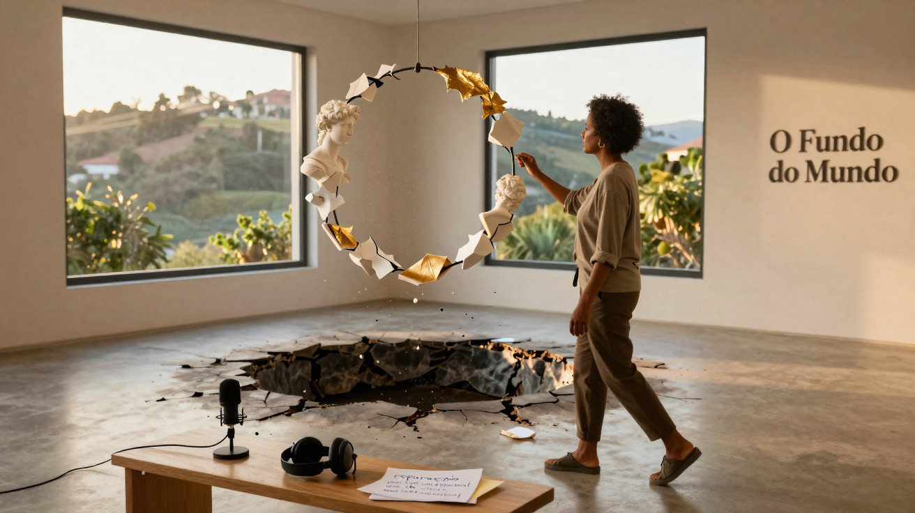 Person interacting with floating art installation of busts and paper near a hole in a spacious room with large windows