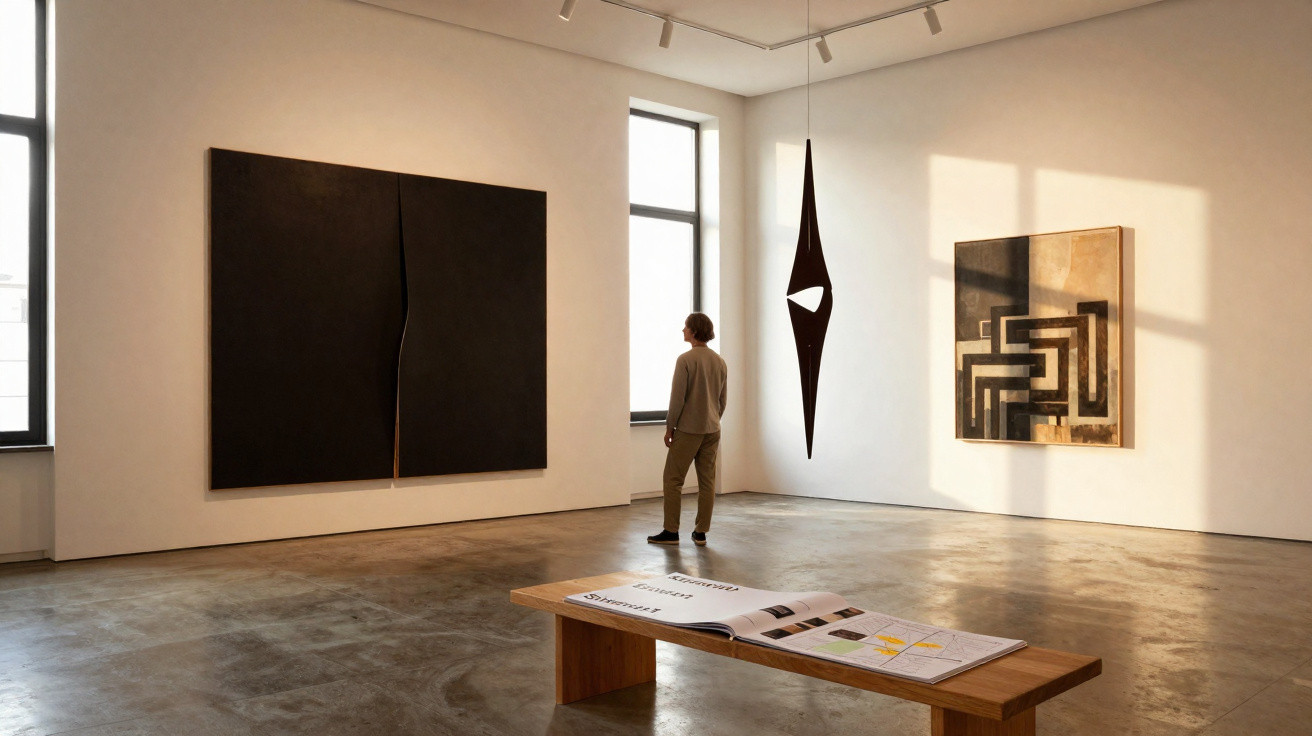 Person viewing abstract black and brown artworks in a modern art gallery with concrete floor and natural light.