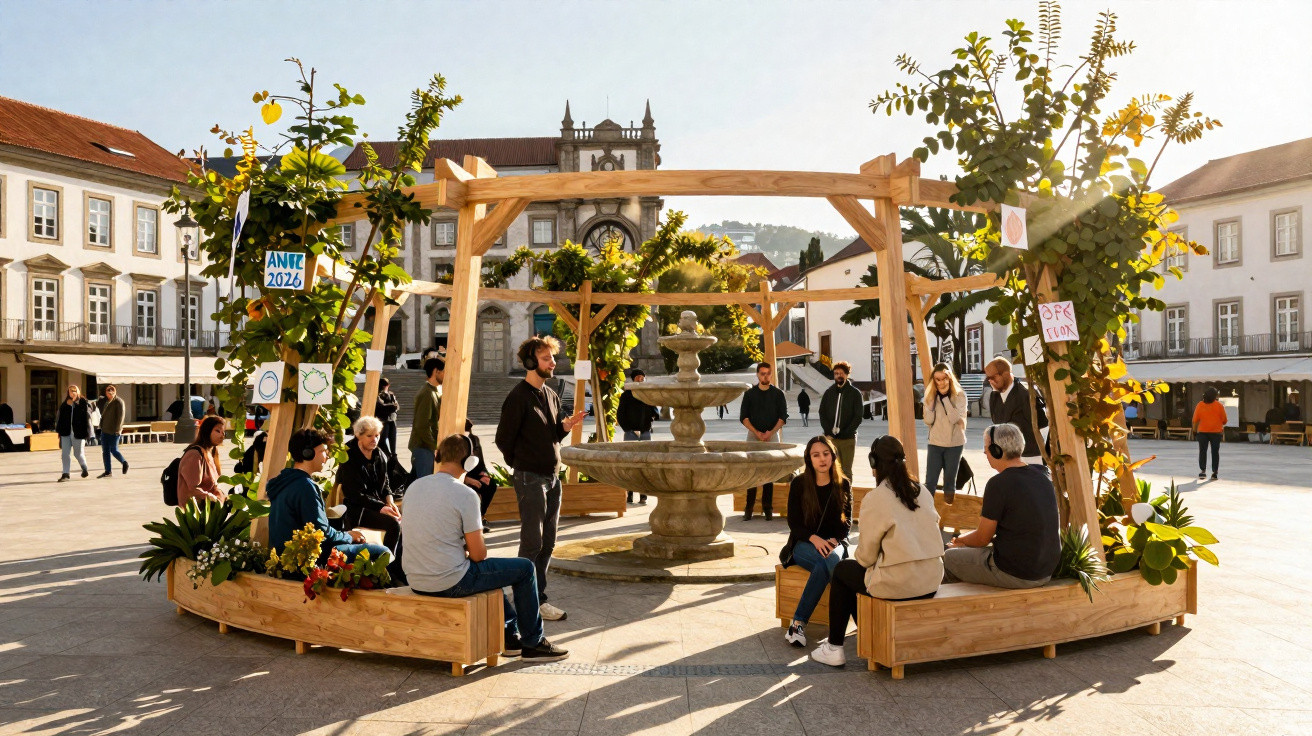 People wearing headphones sit and stand around a wooden pergola structure with plants and a central stone fountain in a publi