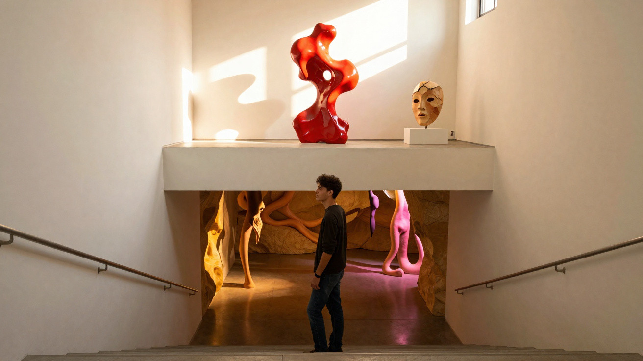 Person standing in an art gallery stairwell with abstract sculptures and soft natural light.