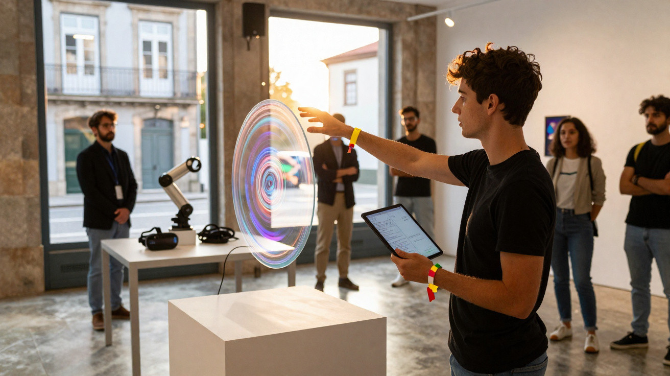 Man interacting with a circular digital projection in a modern gallery while others observe.