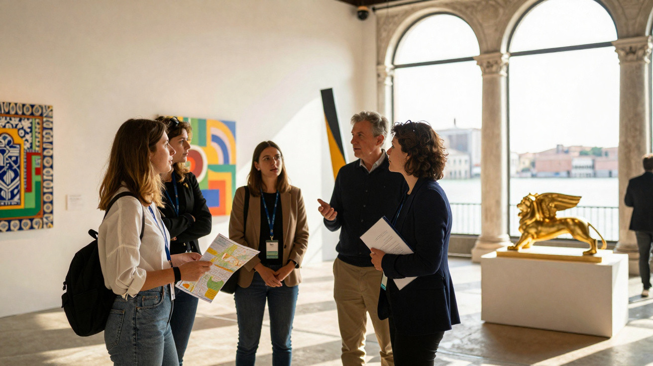 Group of five people discussing art inside a sunlit gallery with sculptures and paintings near large arched windows.