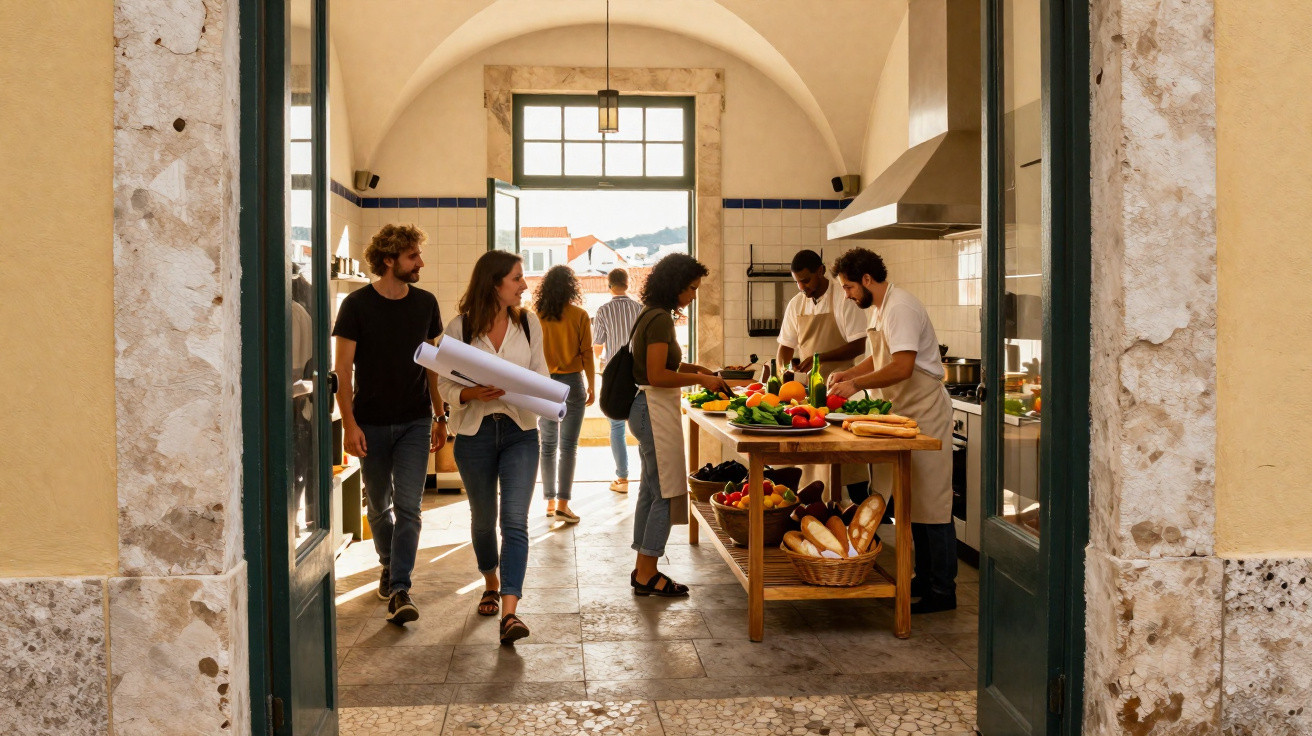 Group of people preparing food and carrying plans in a bright, spacious kitchen with large doors open.