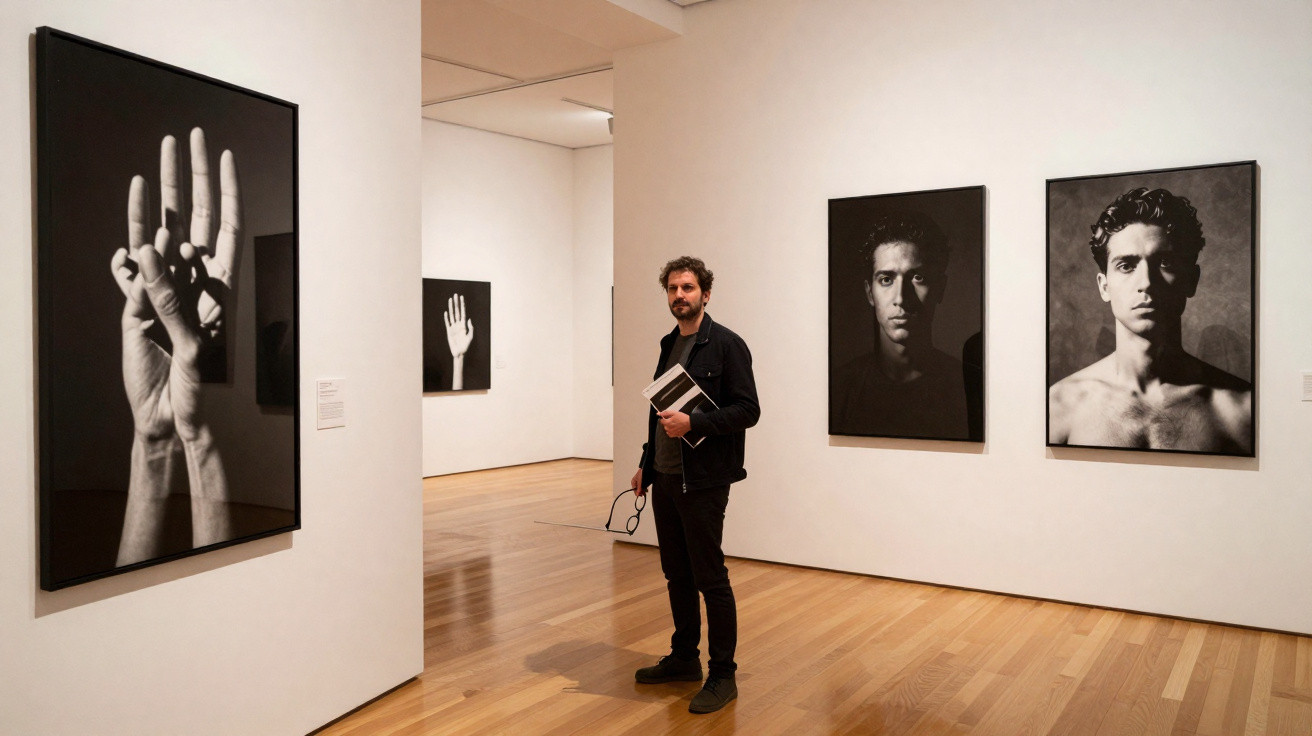 Man holding a book and glasses stands in an art gallery with black and white portrait and hand photographs on the walls.