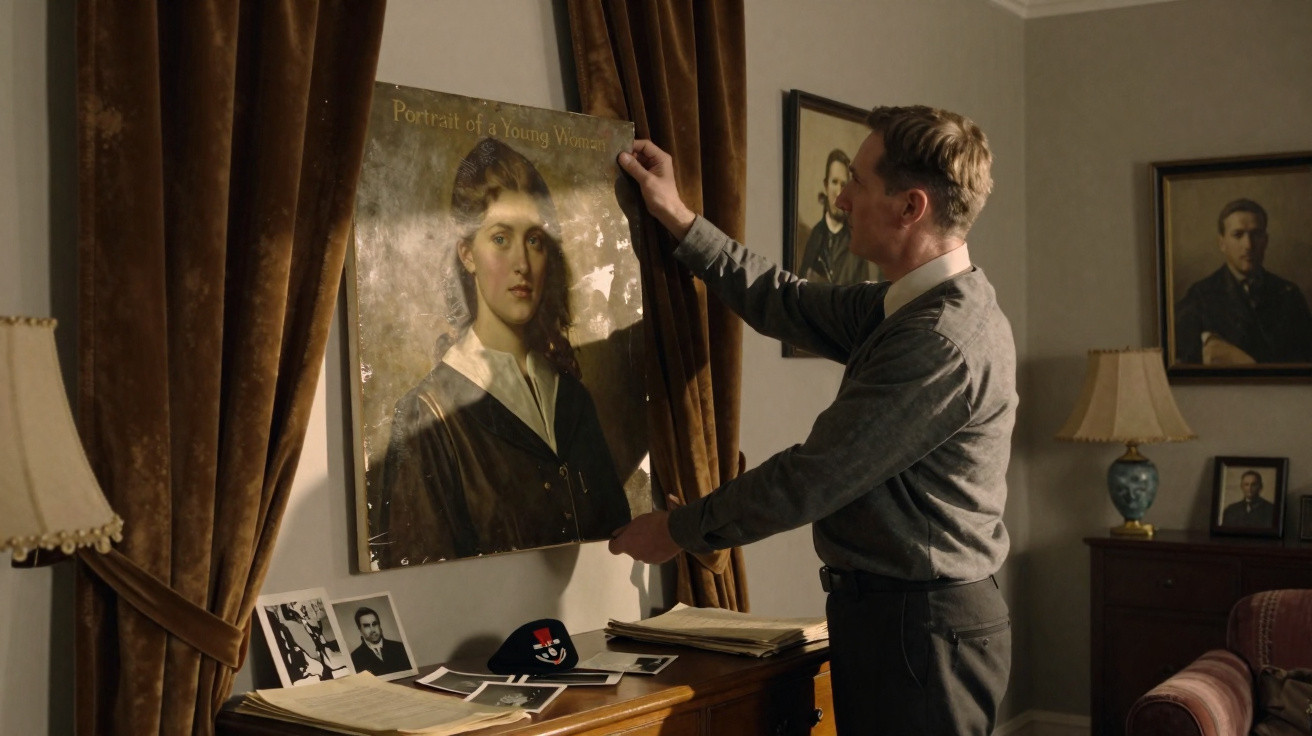 Man adjusting a framed portrait titled "Portrait of a Young Warrant" in a living room with photos and lamps.