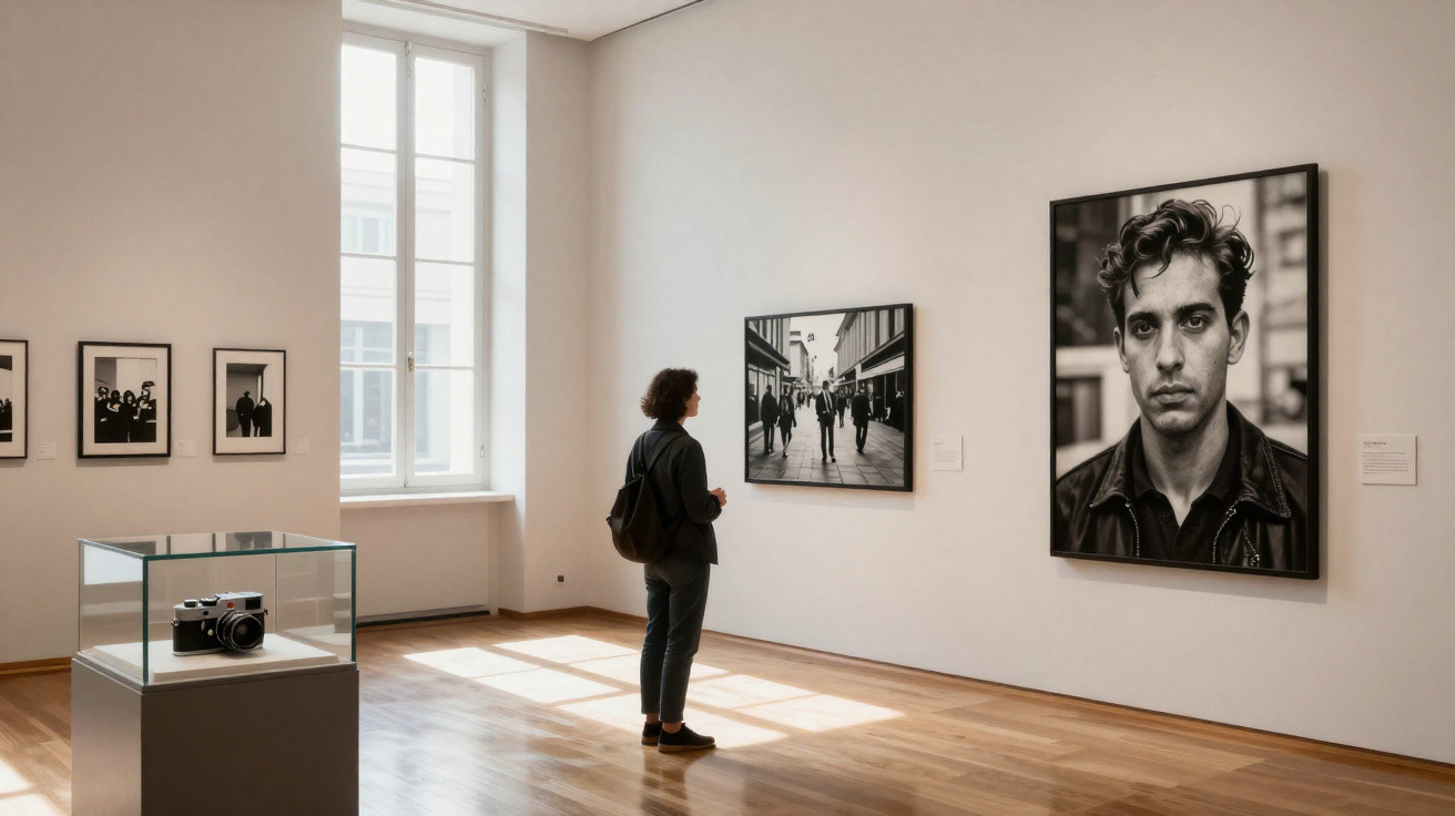 Person with backpack admiring black and white photographs in a modern, sunlit art gallery with wooden floors.
