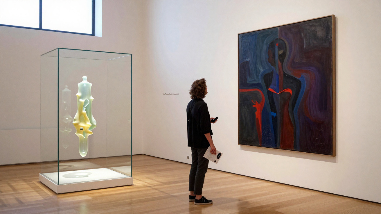 Person observing a dark abstract painting in a modern art gallery with a glass-encased sculpture nearby.