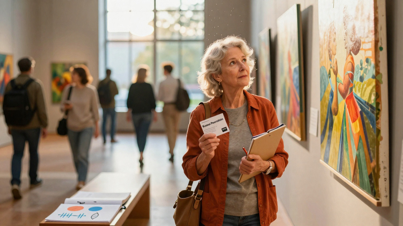 Older woman in rust jacket observing artwork in a museum gallery while holding a brochure and clipboard.