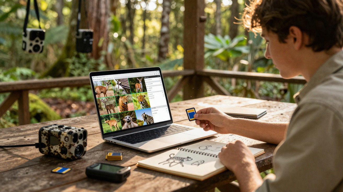 Person at wooden table outdoors organising wildlife photos on a laptop, holding a memory card with sketches in a notebook.