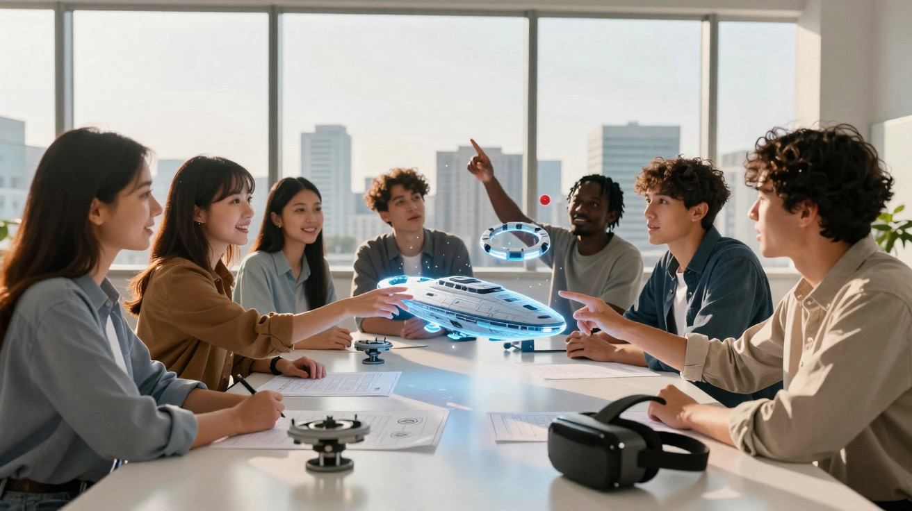 Group of young people around a table interacting with a holographic spaceship model in a bright office room.