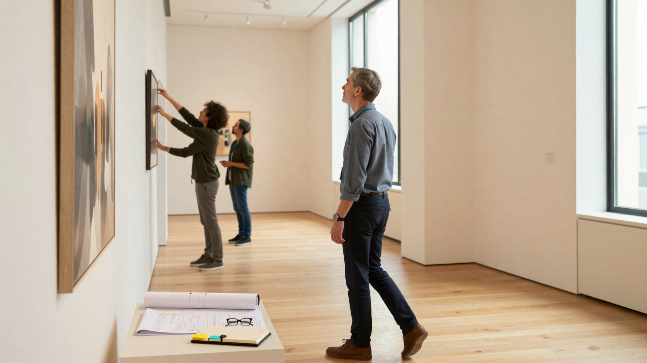 Three people view and adjust framed artwork in a bright, modern gallery with wooden floors and large windows.