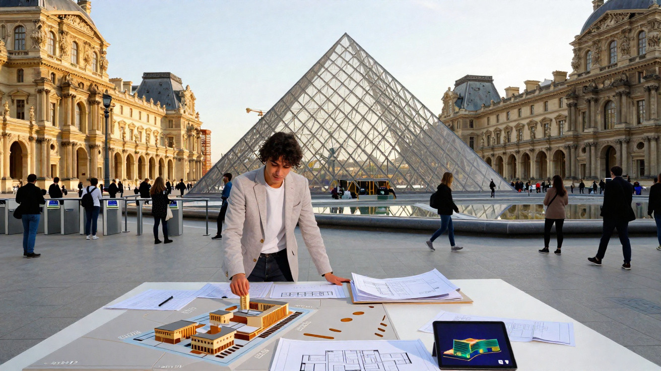 Man reviewing architectural models and plans at Louvre Pyramid entrance in Paris during golden hour.