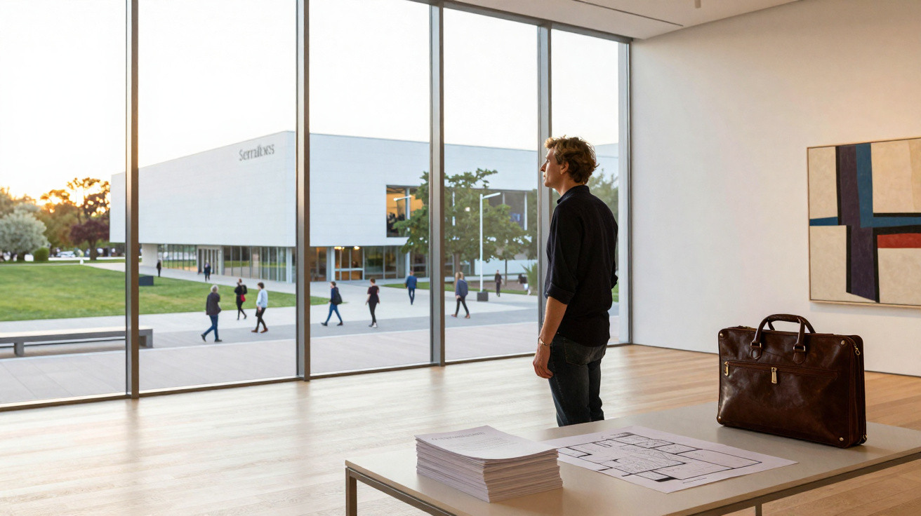 Man standing inside modern building, looking through large glass windows at people walking outside on campus.