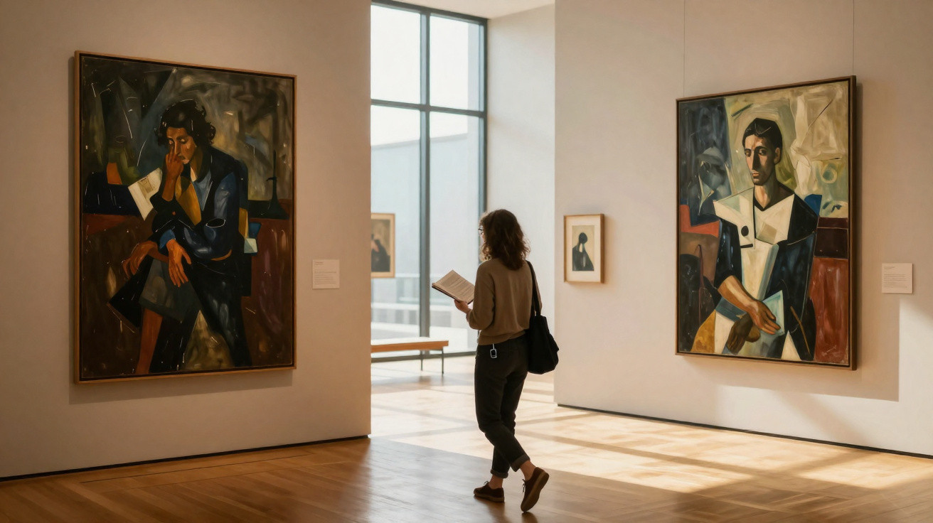 Person reading a booklet while viewing modern art paintings in a bright, spacious gallery with wooden floors.