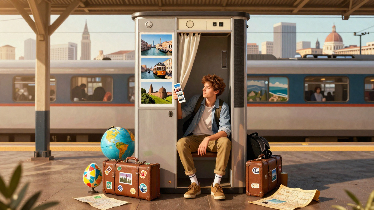 Young man sitting in a phone booth at a train station with travel suitcases, maps, and a globe nearby.
