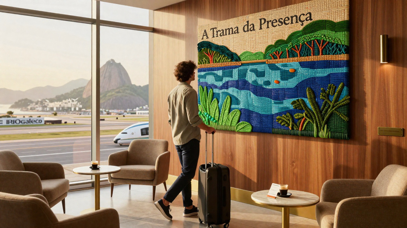 Person with suitcase looking at textile artwork titled "A Trama da Presença" in an airport lounge with mountain view.