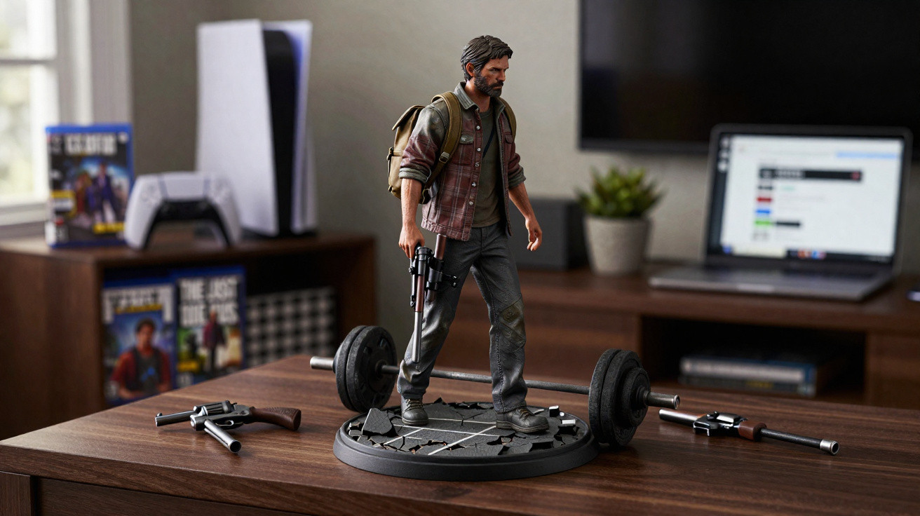 Figurine of a bearded man with a backpack and gun standing on a round base on a wooden table, with gaming consoles and laptop
