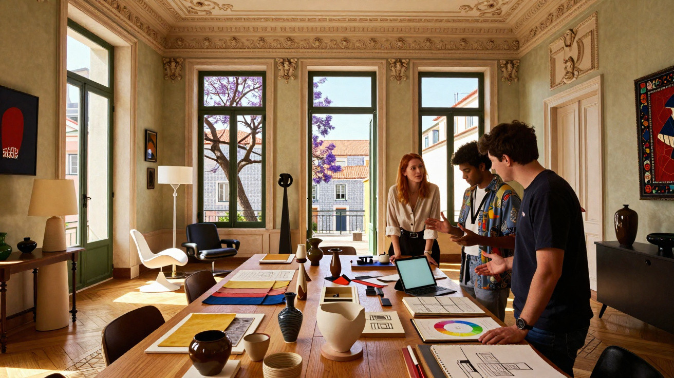 Three people discussing design plans around a table in a sunlit room with ornate ceilings and large windows.
