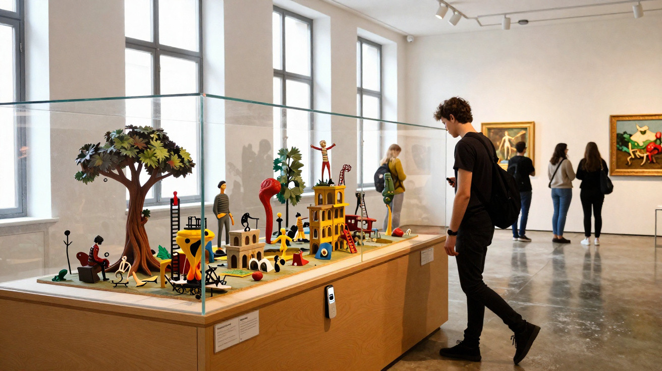 Visitors observing colourful miniature figurine art displays inside a glass case in a modern gallery.