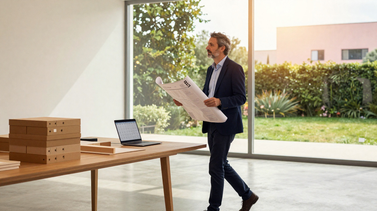 Man in suit holding architectural plans in a bright room with large windows and a wooden table.