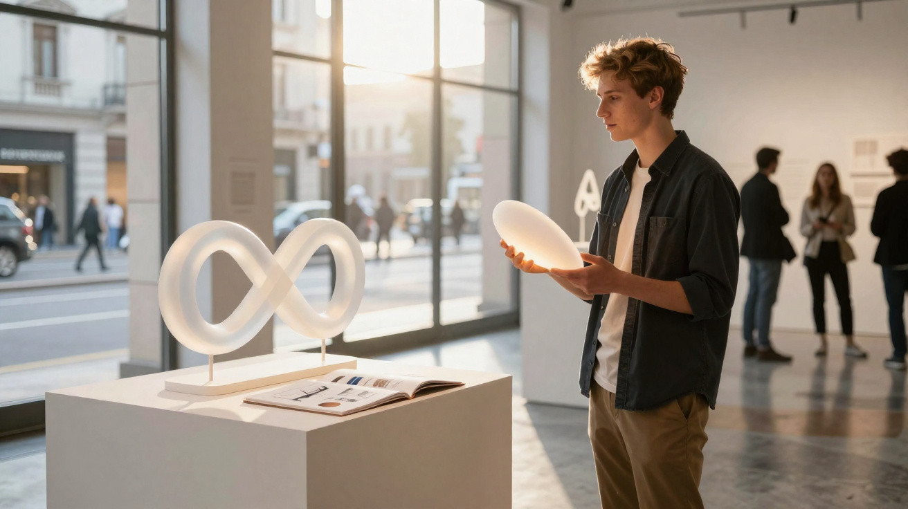 Young man holding glowing oval light sculpture in modern art gallery with infinity sculpture on display nearby