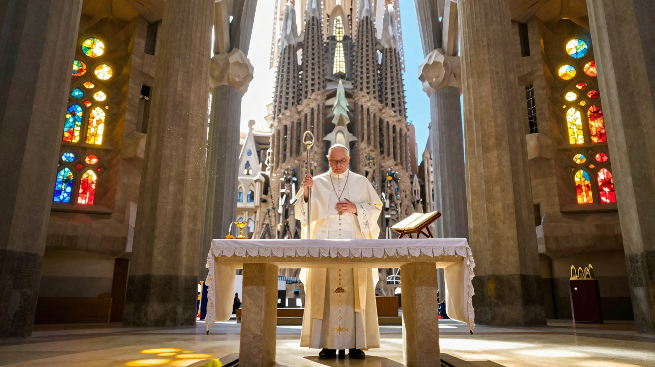 Priest standing behind altar inside a cathedral with stained glass windows and intricate architecture.