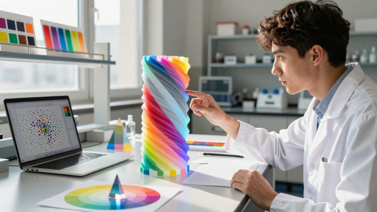 Scientist in a lab coat examining a colourful spiral model with colour charts and a laptop on a bright desk.