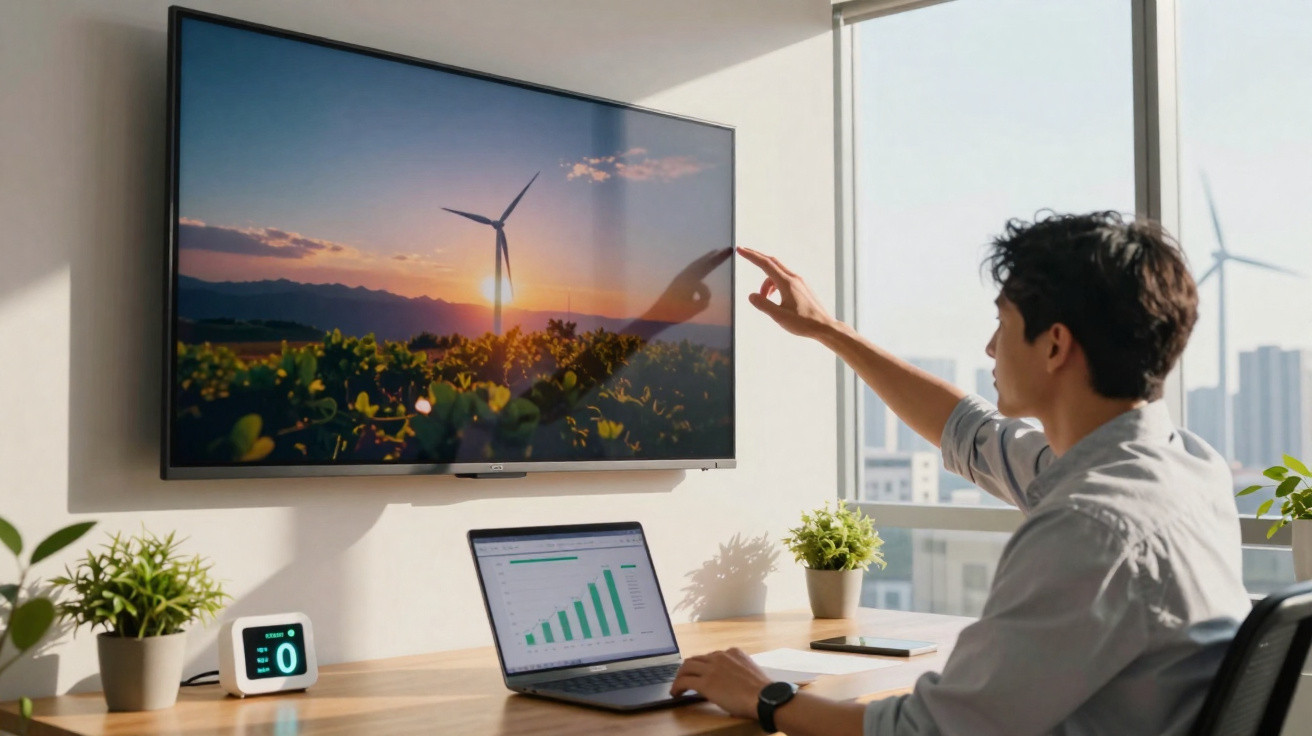 Person interacting with a wall-mounted screen showing a wind turbine, laptop with charts, and plants on desk.