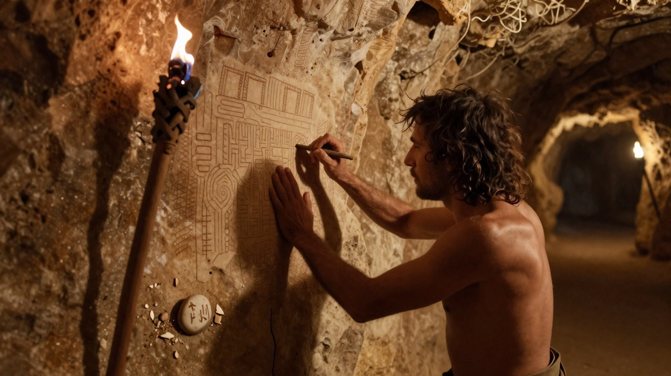 Man with curly hair sketching ancient map on cave wall by torchlight in underground tunnel.