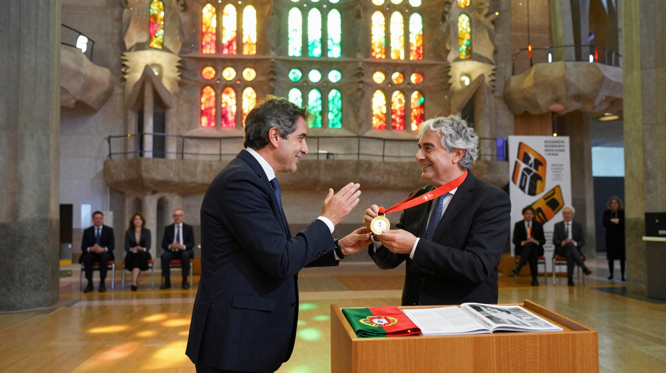 Two men in suits exchange a medal inside a church with stained glass windows and seated audience.