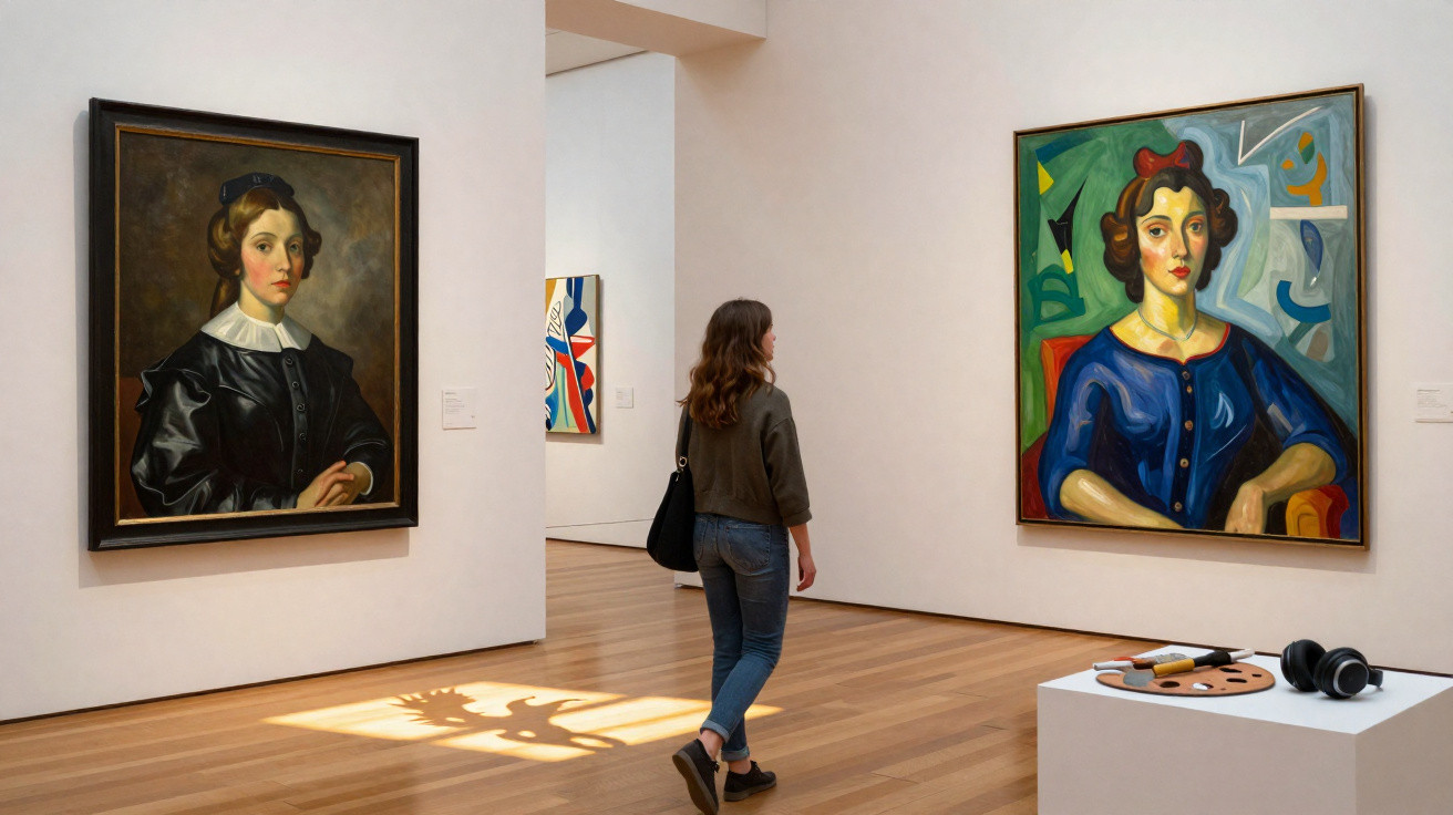 Woman viewing two contrasting portrait paintings in a modern art gallery with wooden floors and white walls.