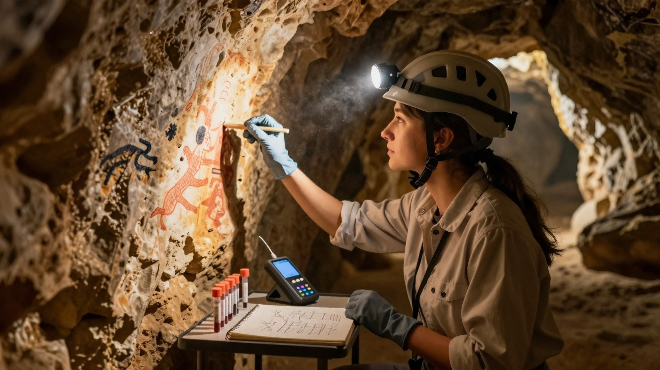 Archaeologist wearing a helmet and gloves examining and documenting ancient cave paintings inside a rocky cave.