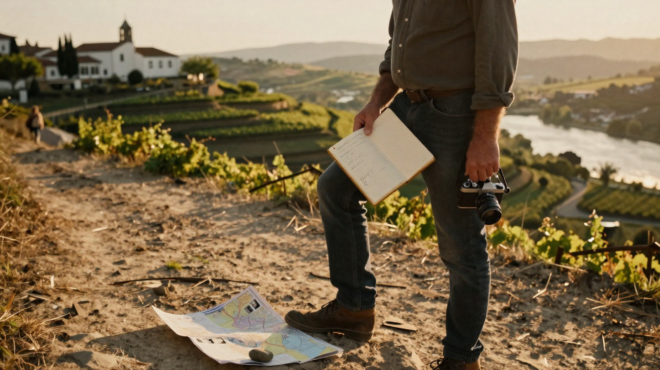 Person standing on vineyard path holding a notebook and camera, with a map on the ground and river in the background.