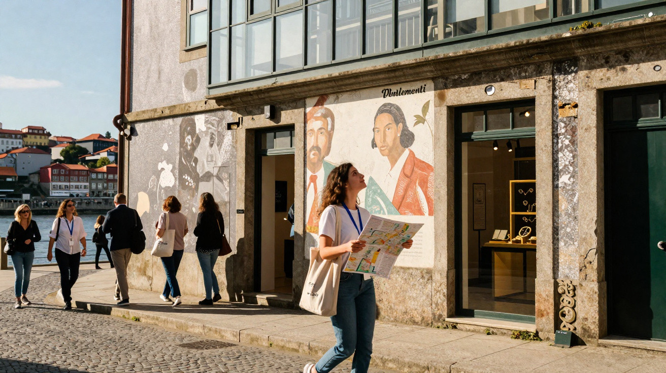 People walk on a cobblestone street past a building with murals and large windows in bright daylight.