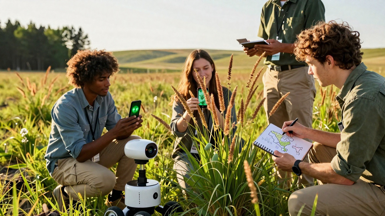 Researchers studying plants in a field using a robot, mobile phones, and drawing observations on a notepad.