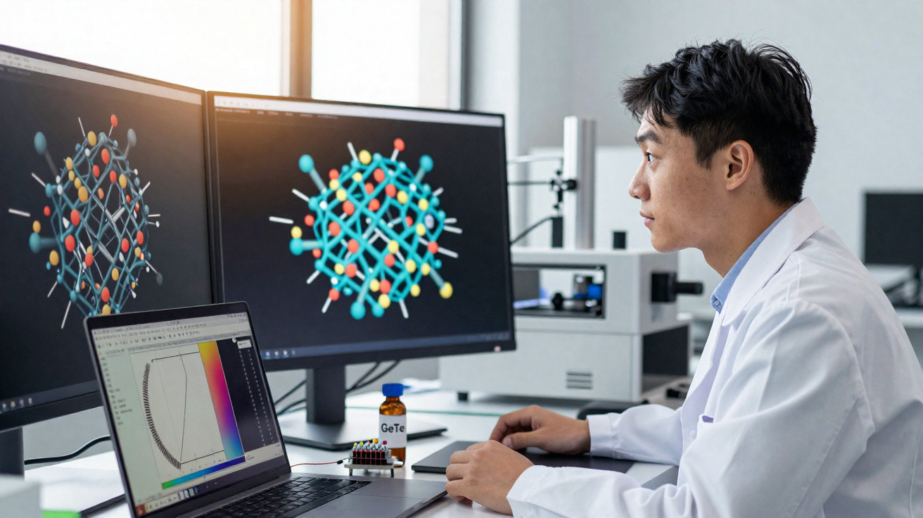 Scientist in lab coat analysing molecular models on dual monitors with data on a laptop in a laboratory setting.