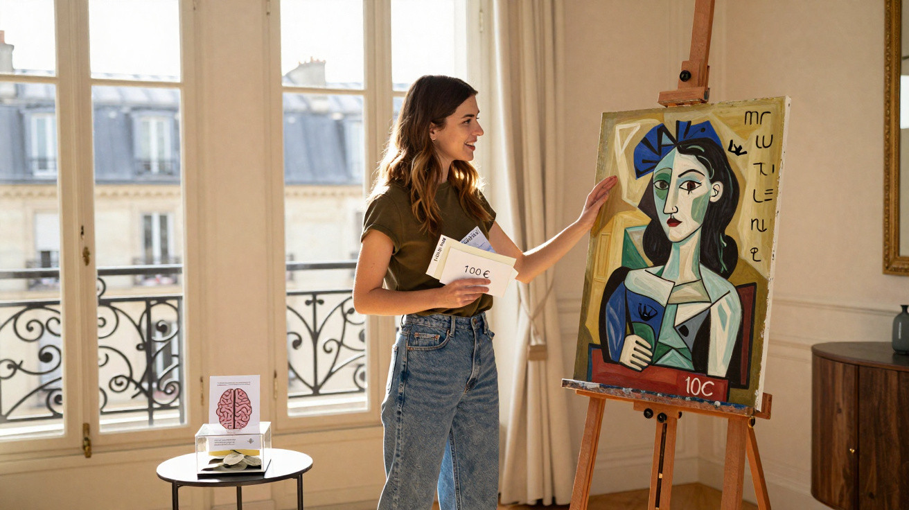Young woman holding euros and admiring a cubist-style portrait painting on an easel indoors.