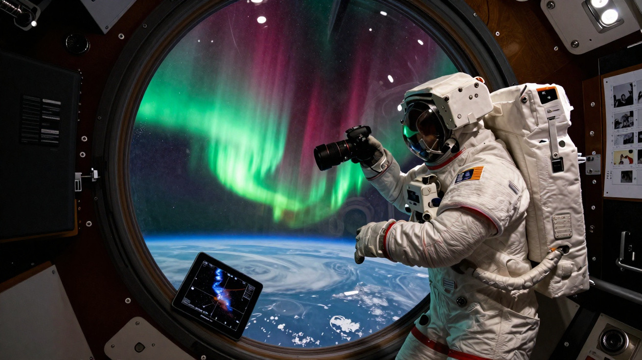 Astronaut inside spacecraft photographing aurora borealis over Earth through a circular window.