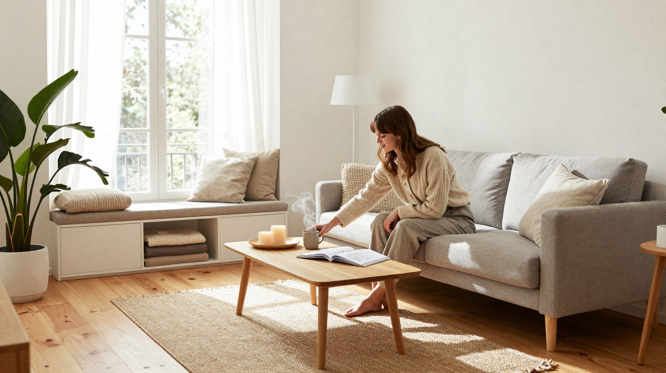 Woman sitting on a grey sofa in a bright living room, reaching for a steaming cup on a wooden coffee table.