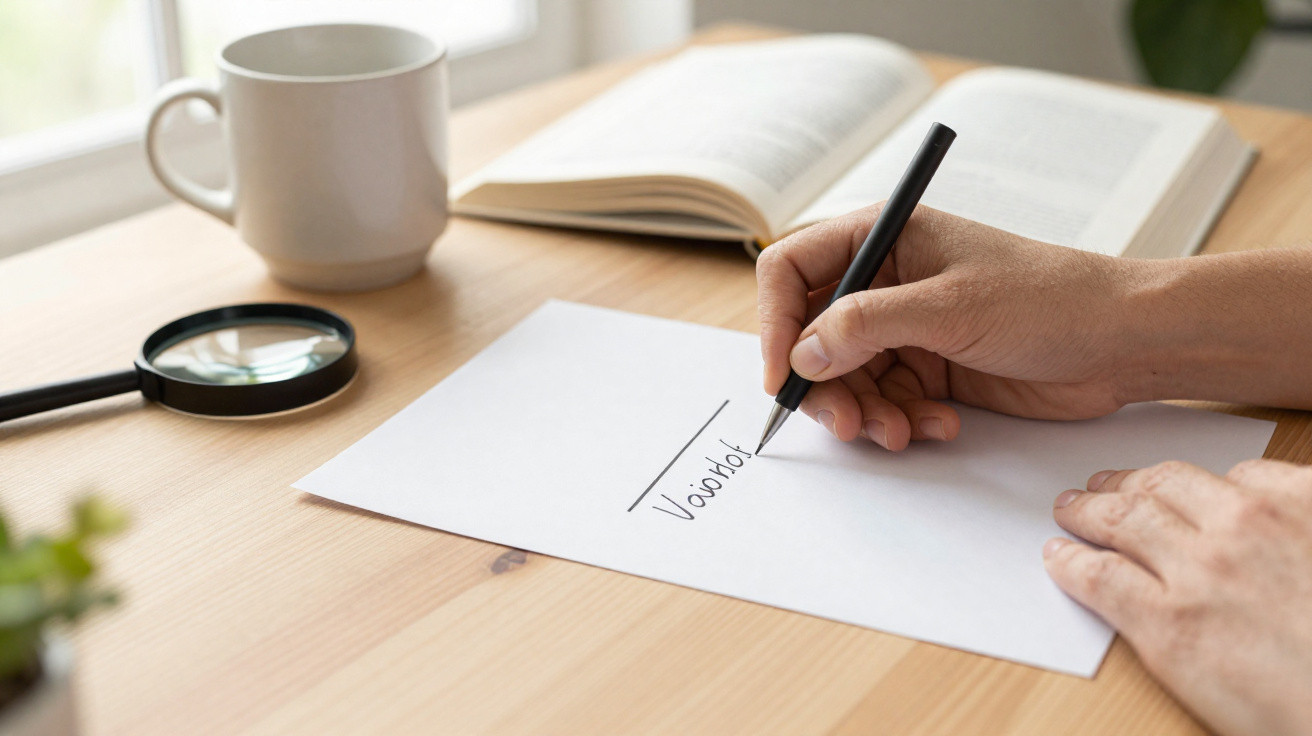 Person writing "Vaccine" on a paper at a desk with a magnifying glass, open book, and coffee cup nearby.