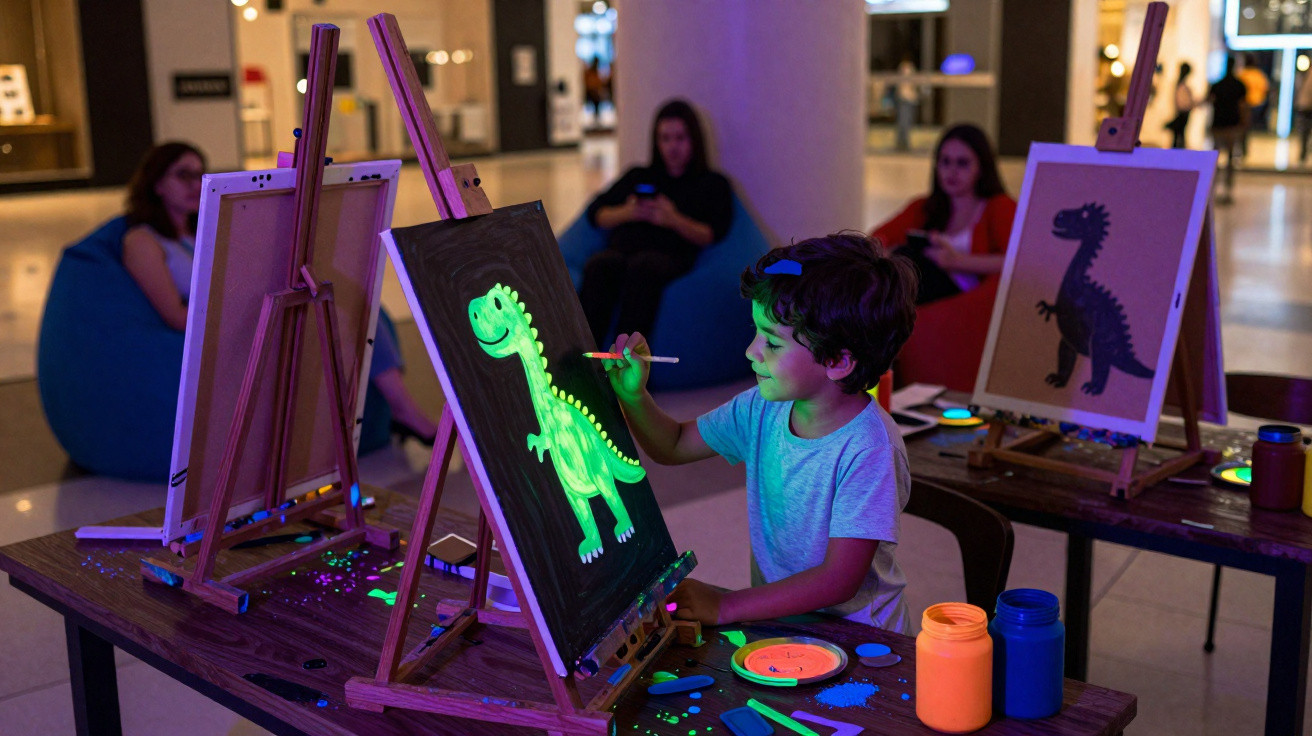 Child painting a glowing green dinosaur on black canvas at an indoor art activity table.