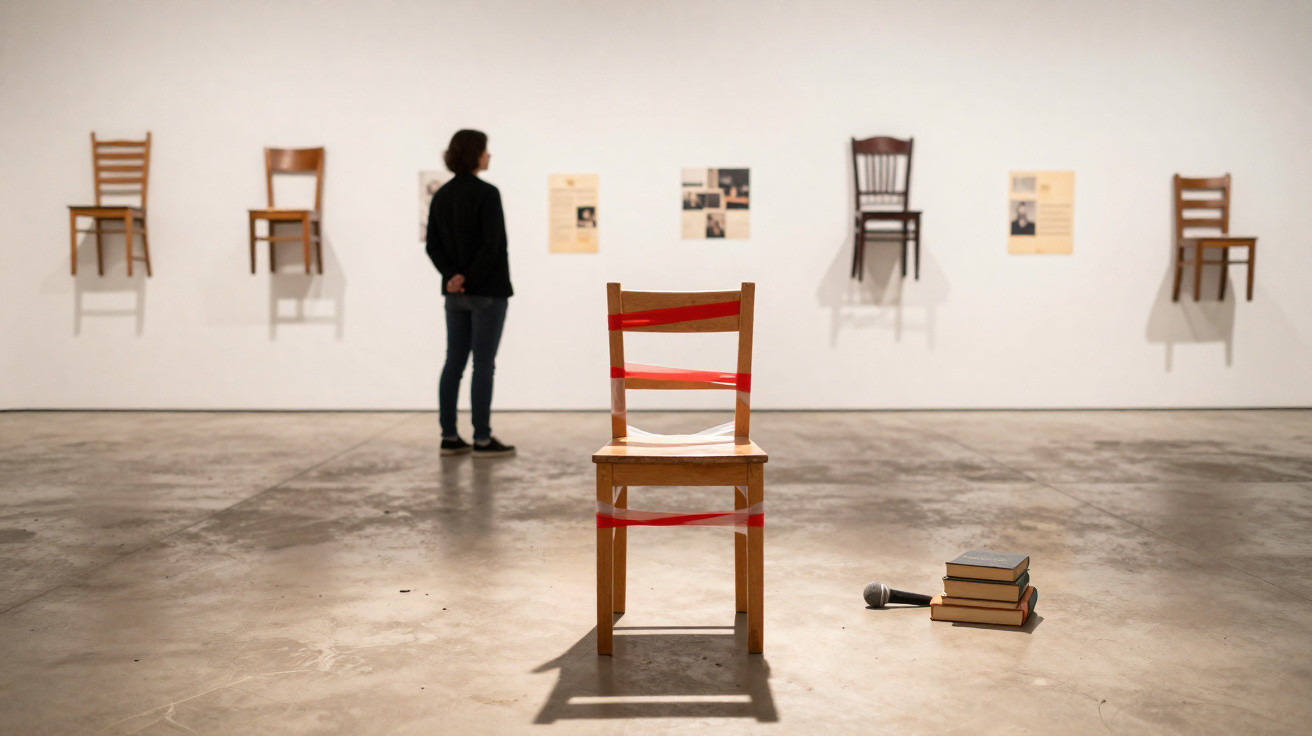 Wooden chair with red tape in gallery space, person viewing wall-mounted chairs and displays, books and microphone on floor.
