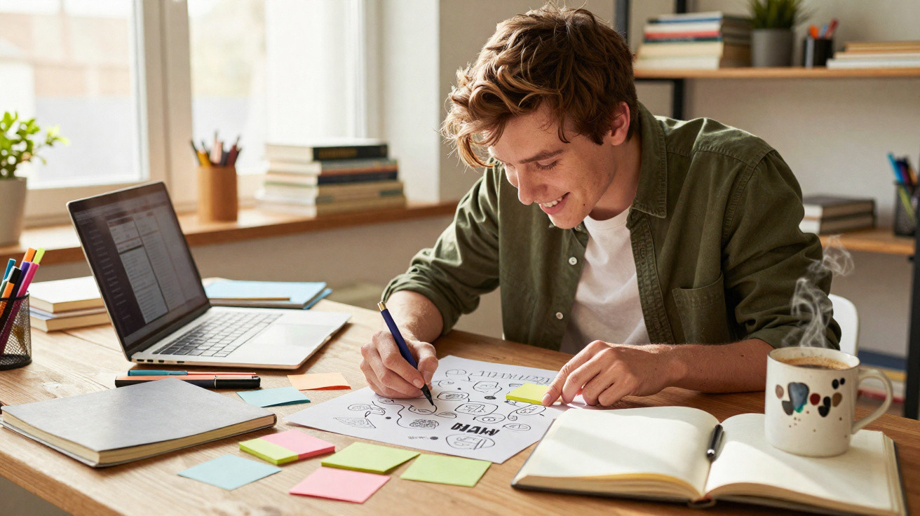 Young man sketching creative ideas on paper at a desk with laptop, notebooks, sticky notes, and a coffee mug.